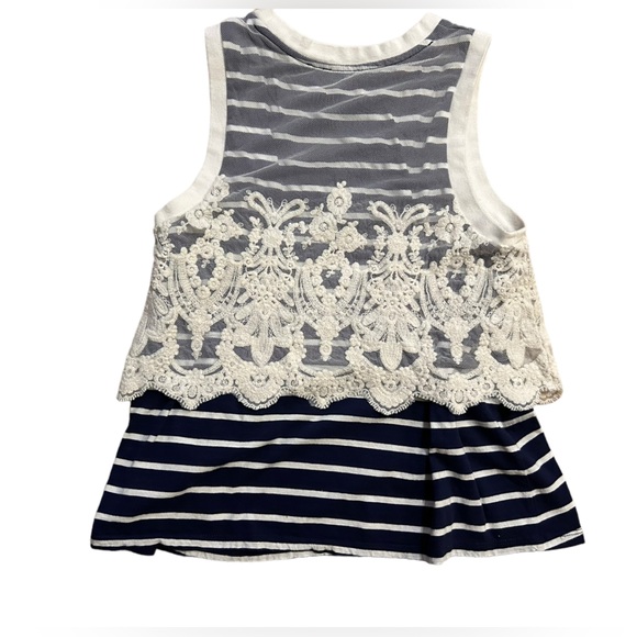 Anthropologie Stripped Tank Top with Lace Overlay Navy White - Picture 2 of 3